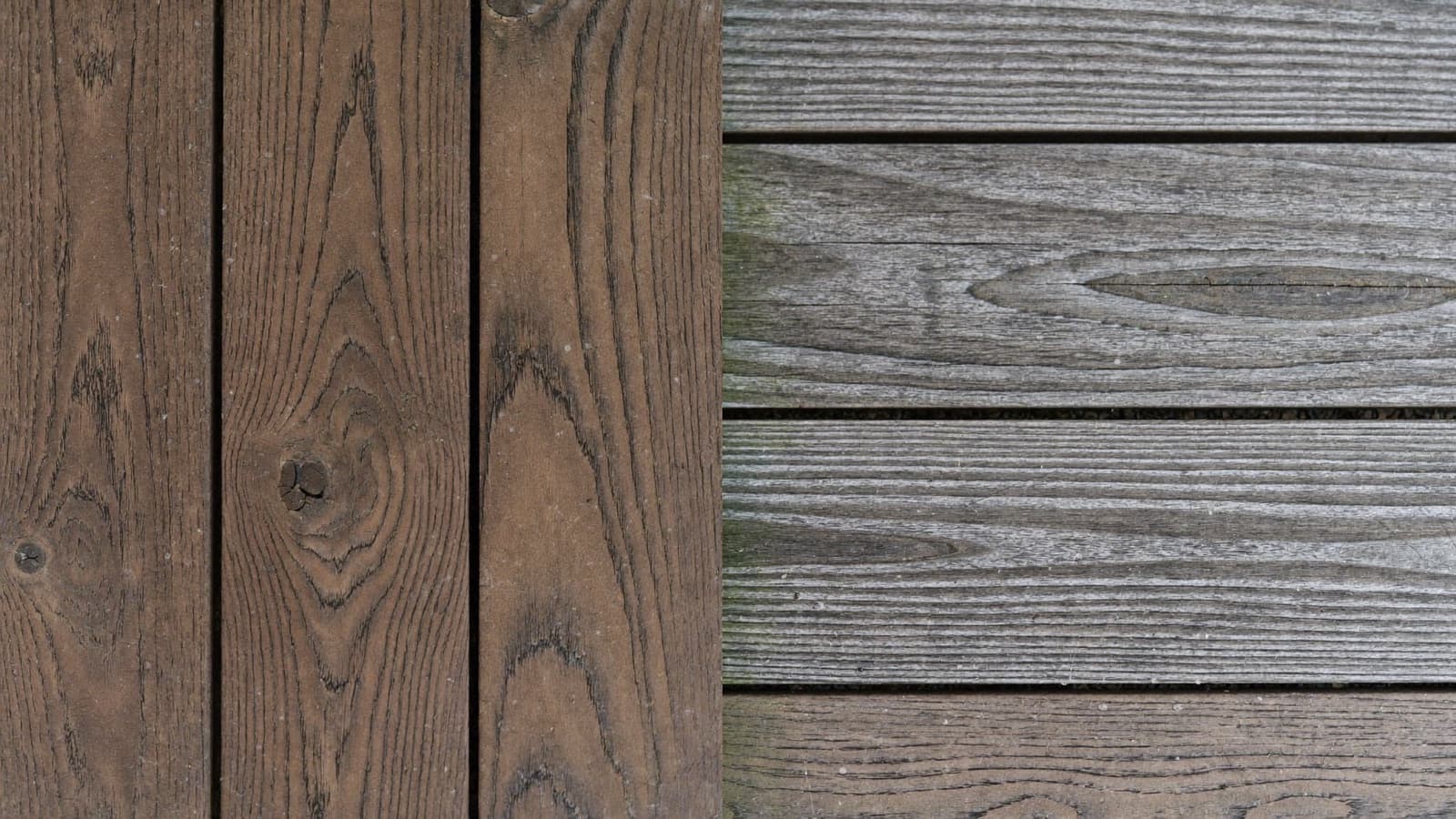 Close-up of composite deck boards in two different wood tones
