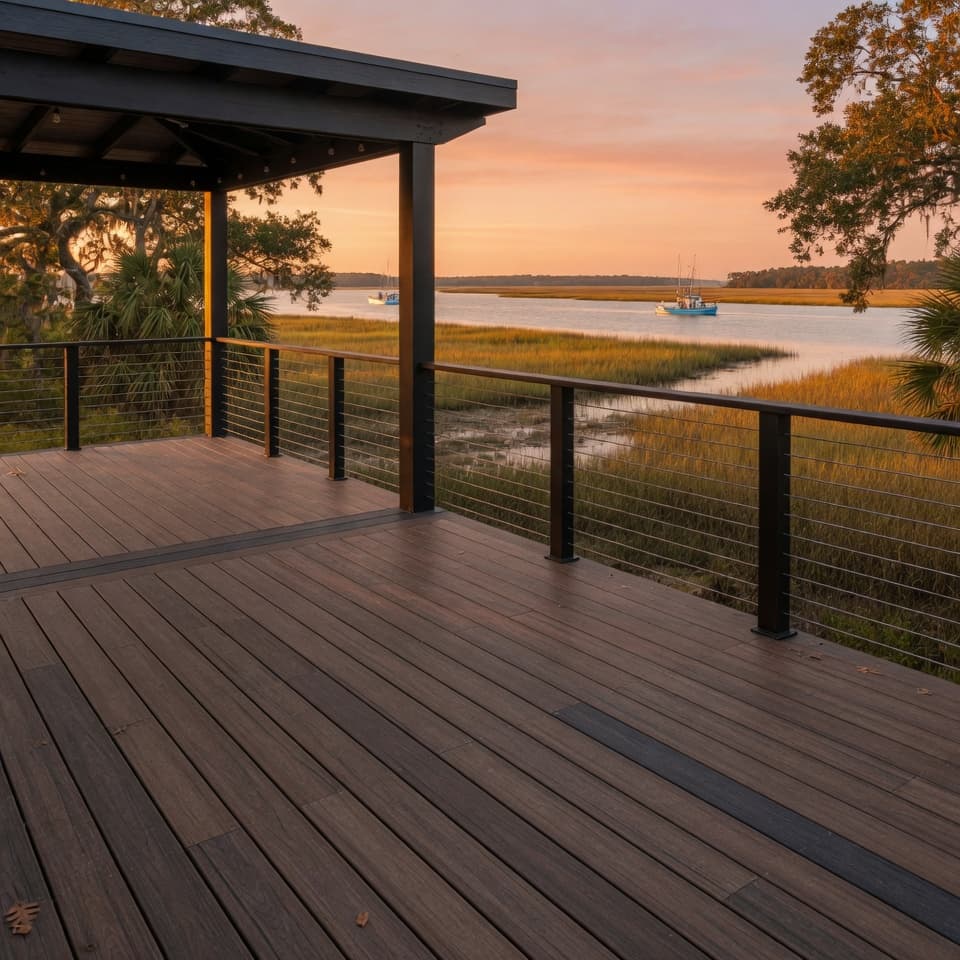 Composite deck with cable railing overlooking a coastal marsh and shrimp boats at sunset