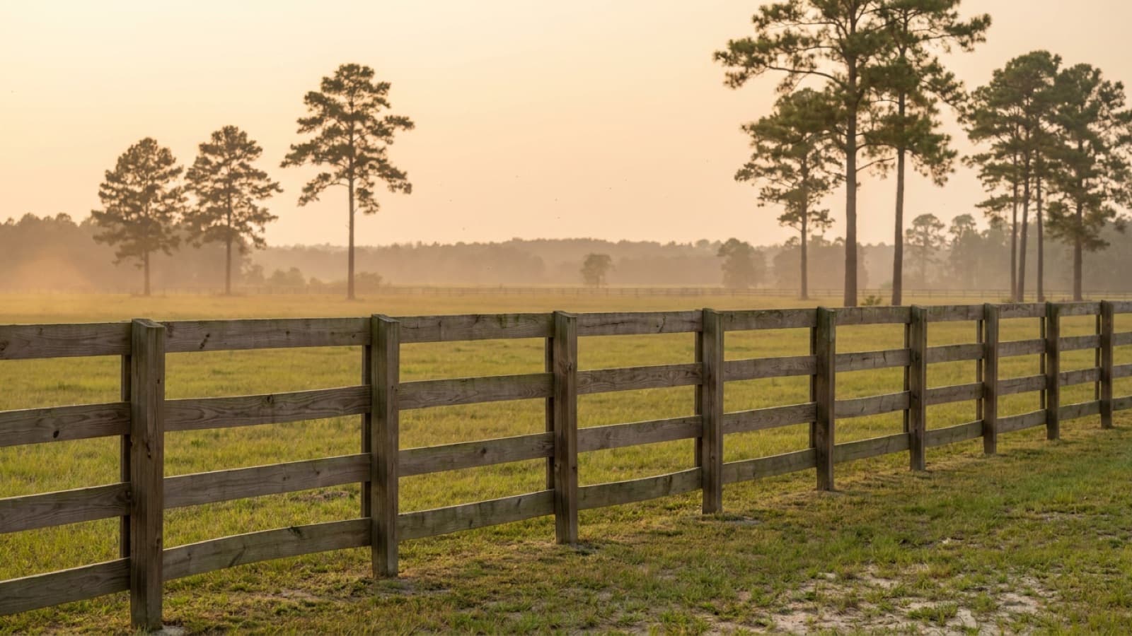 Wooden farm fence line along a green pasture with pine trees in the distance