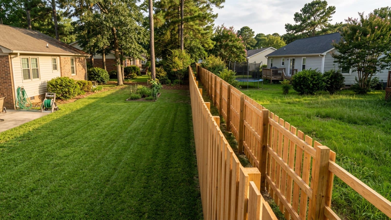 New wood privacy fence between two backyards, finished picket face toward one neighbor and rails toward the other