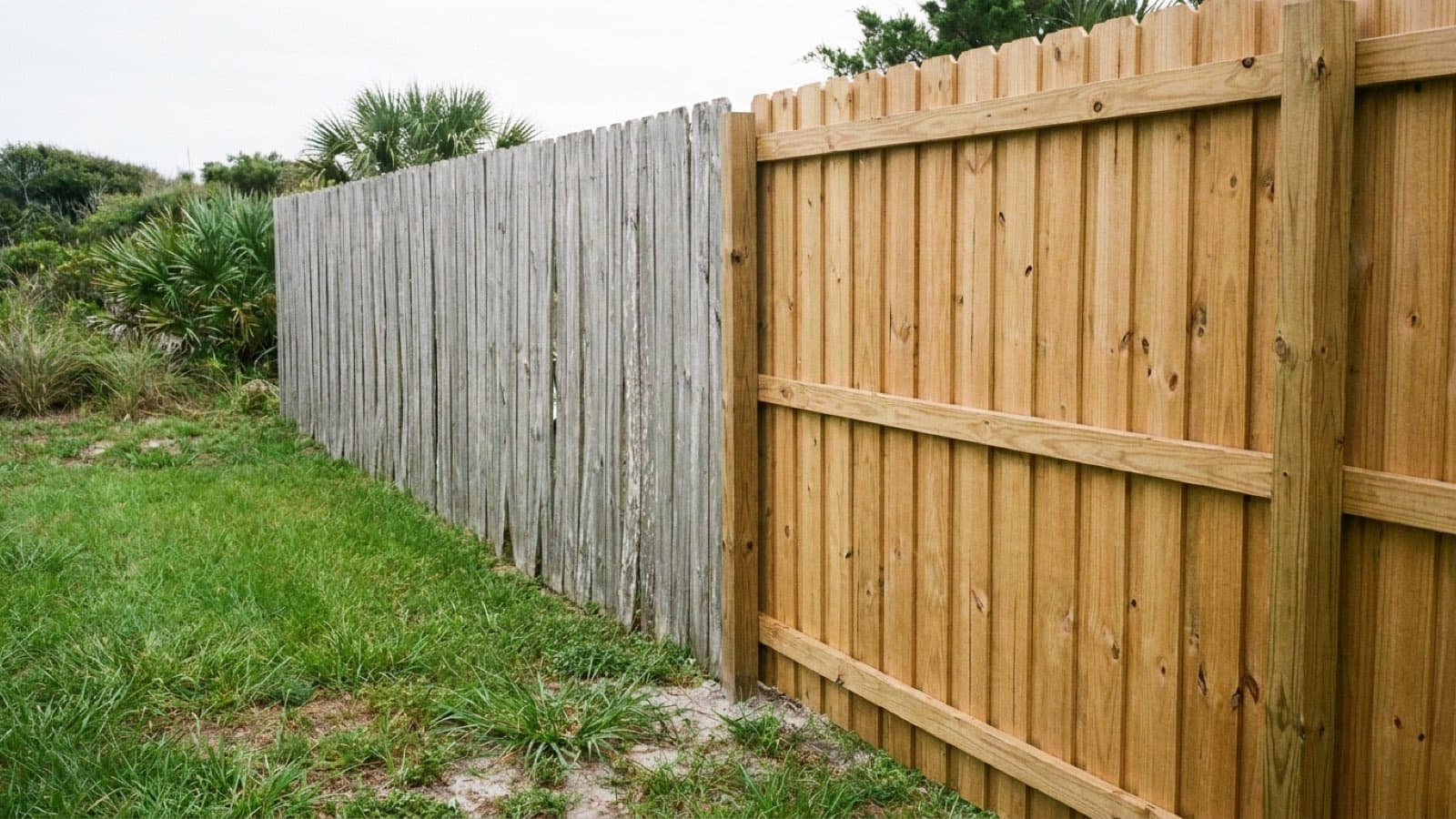 Weathered gray wood fence section next to a newer, freshly built section