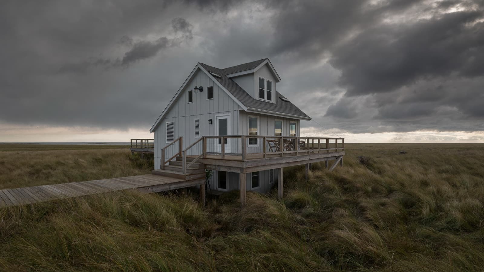 Elevated wooden deck on a coastal North Carolina home under an overcast pre-storm sky