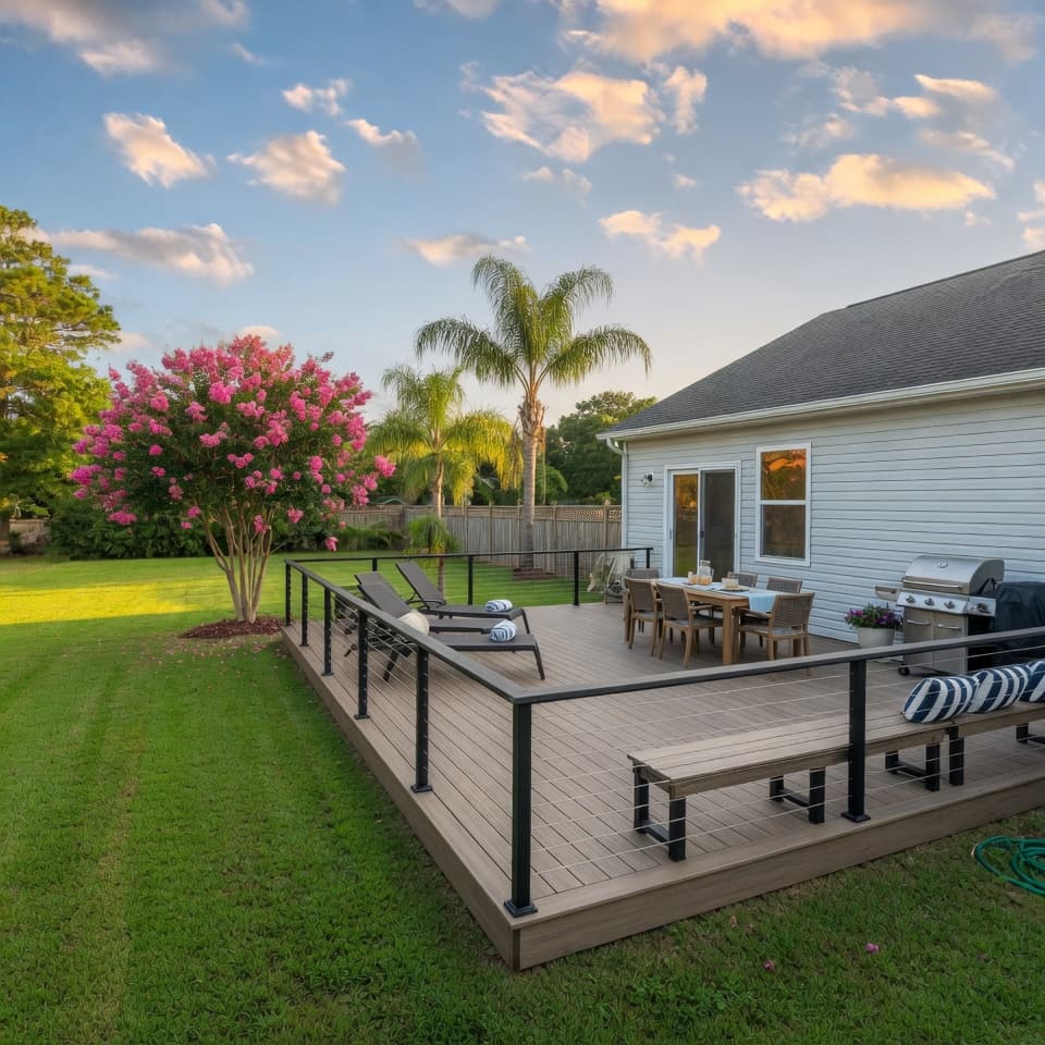 Backyard composite deck with cable railing, lounge seating, and a dining area beside a coastal home