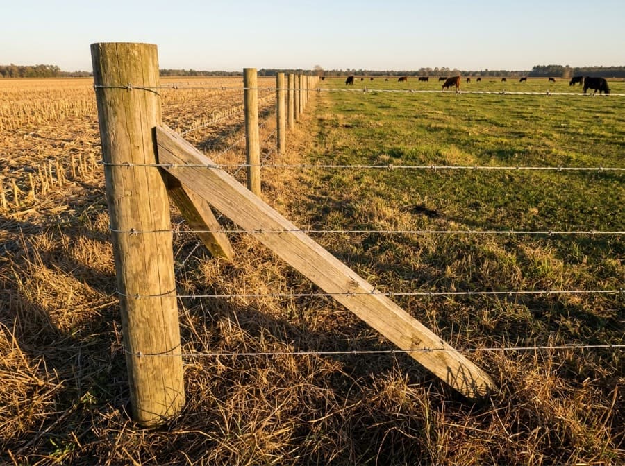 Braced wooden corner post carrying a multi-strand barbed wire fence between a harvested field and pasture